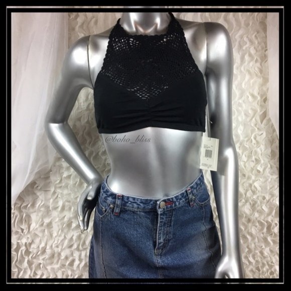 VOLCOM | Black Crochet Flower Halter Top Bralette NEW - Picture 4 of 9